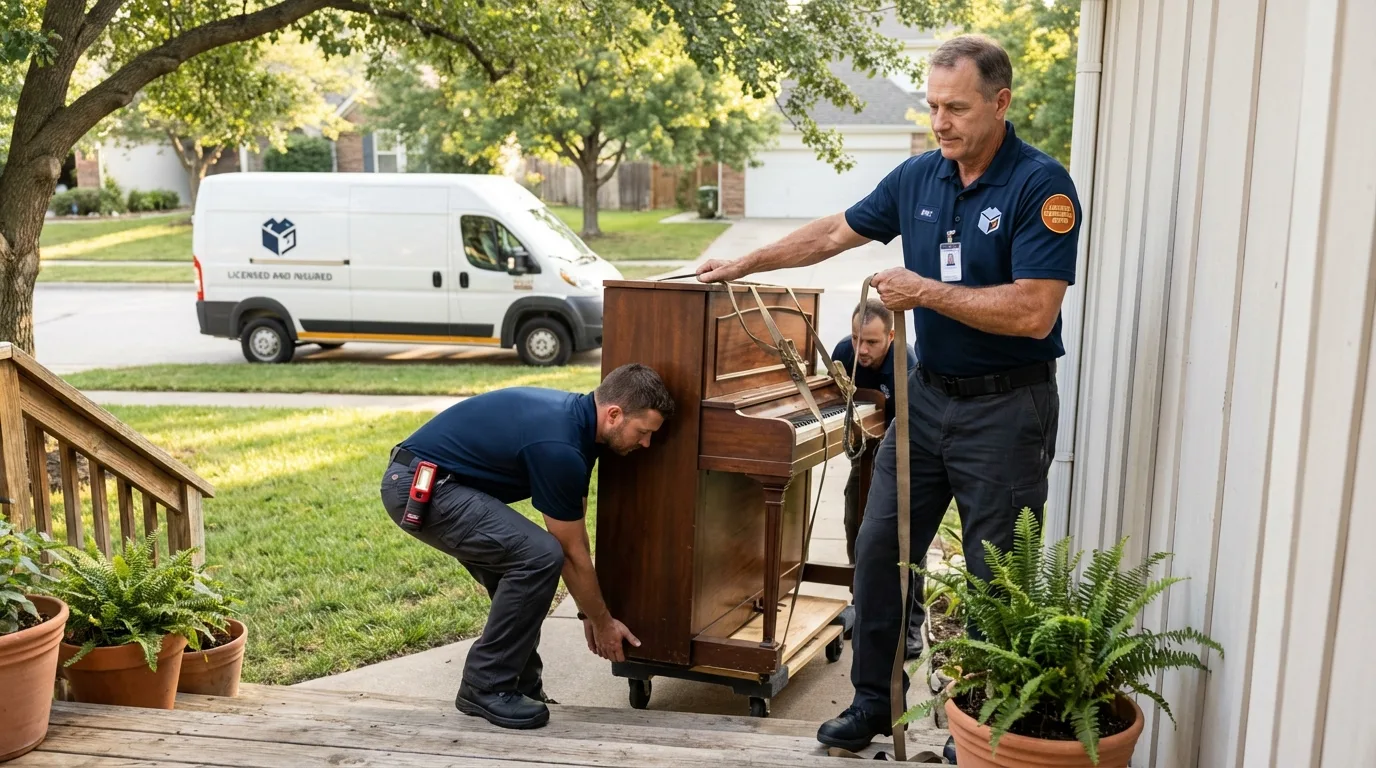 Licensed piano movers securing grand piano in Surprise, AZ