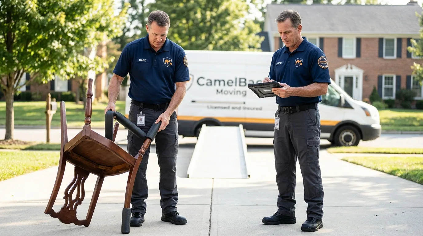 Movers inspecting furniture for damage prevention before loading in Surprise, AZ